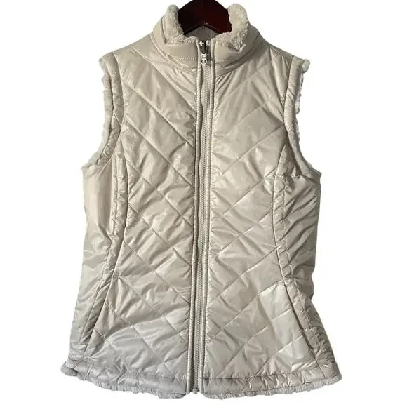 Reversible Zip Up Faux Fur Winter Vest Warm Cozy Luxe Apres Ski Bunny Cream XS/S - Picture 6 of 8